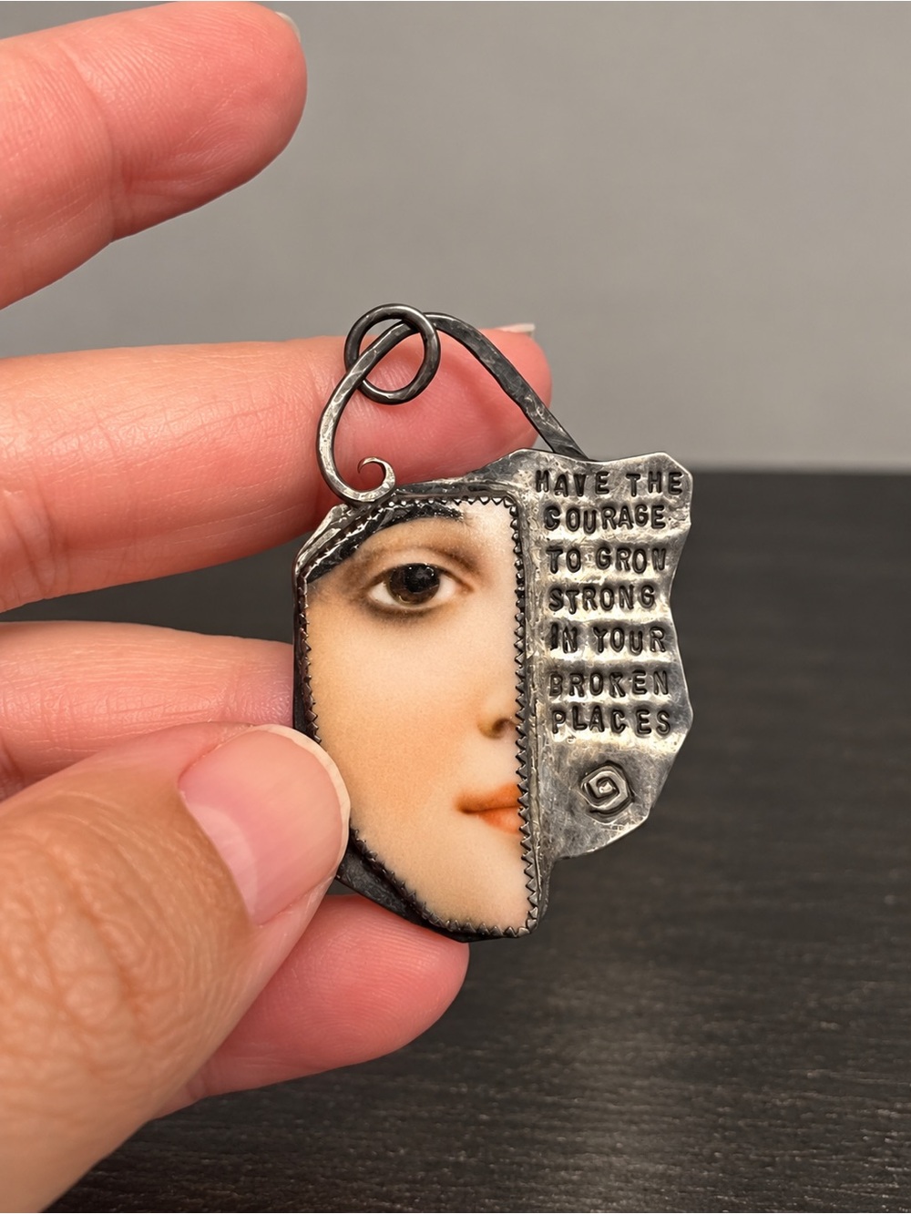 Robin Wade 925 Sterling Silver Mixed Media Art Pendant Courage Grow Strong OOAK